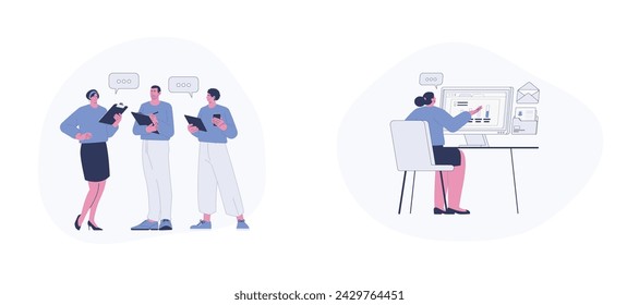 Team Meeting and Remote Working. Flat Cartoon Vector Illustration. Vector illustration, suitable for web landing page, ui, mobile app.