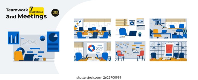 Team meeting rooms and office setup cartoon flat illustrations mega bundle. Workspaces charts for collaboration, strategy planning 2D images isolated on white. Collection vector drawings colorful