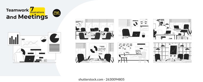 Team meeting rooms and office setup outline illustrations mega bundle. Workspaces charts for collaboration, strategy planning 2D linear images isolated. Collection black and white vector drawings