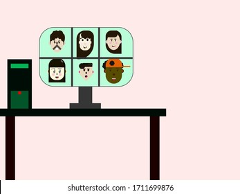 Team meeting via video call program using a desktop computer Pink background , social distancing , work form home