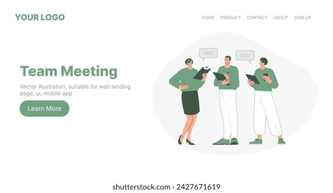 Team Meeting. Web Landing Page Design. Flat Cartoon Vector Illustration. Vector illustration, suitable for web landing page, ui, mobile app.