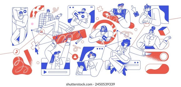 Team meeting, works together with video call. Group of employees, office workers communication. People teamwork. Project management workflow concept. Flat isolated contour vector illustration on white