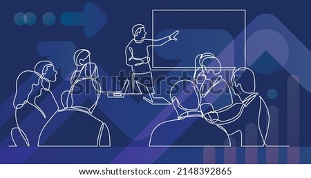 team member explaining work plan in fron of business team - single line drawing