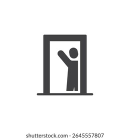 Team member onboarding solid icon. A glyph icon of a person entering a doorway. This solid icon is a vector symbol and sign of training, welcome, and integration icon.