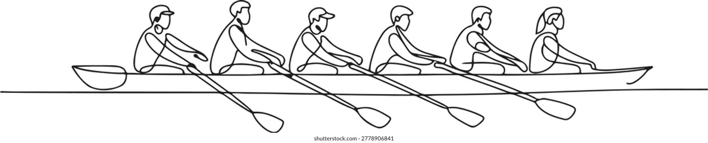 Team member rowing boat Teamwork concept.one line Art icon drawing vector
