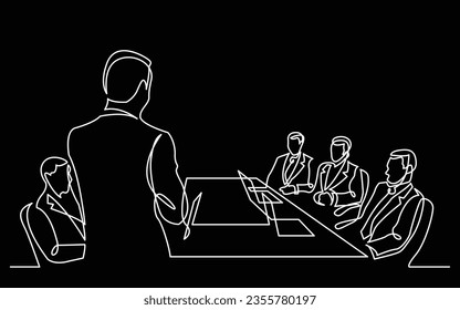 team member speaking at board meeting before business executives continuous line drawing