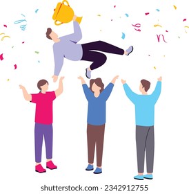 Team member tossing up their Leader for success concept vector icon design, Awards and incentives symbol, Employee benefits and engagement sign, Recognition and Appreciation scene stock illustration