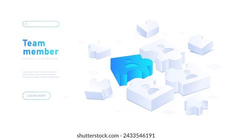 Team member white poster. Blue and white puzzles. Collaboration and cooperation, partnership. Business project and start up. Landing webpage design. Neon isometric vector illustration