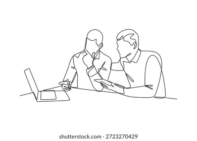 Miembros del equipo analizando el trabajo en un portátil. Concepto de trabajo de Equipo. Diseño de dibujo de línea única. Ilustración gráfica de Vector