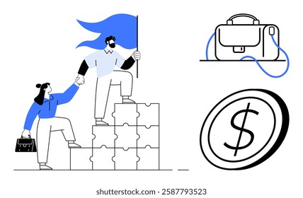 Team members assisting each other on puzzle blocks with flag, briefcase, and coin with dollar symbol. Ideal for business growth, teamwork, leadership, finance, investment, partnership, and support