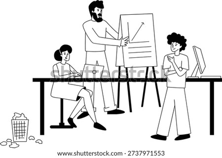 Team members brainstorming and discussing a presentation in a professional office, analyzing charts and sharing ideas for business planning.