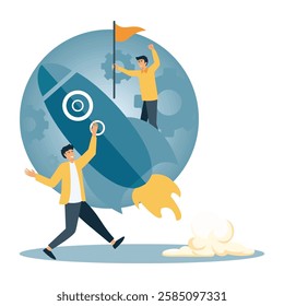 Team members celebrating success with a rocket, representing growth, innovation, and inspiration. Flat vector modern illustration 