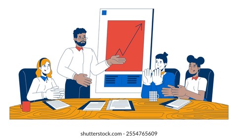 Team members clapping company revenue growth 2D cartoon characters. Celebrating startup achievement. Diverse colleagues isolated people flat vector on white background. Spot illustration colorful