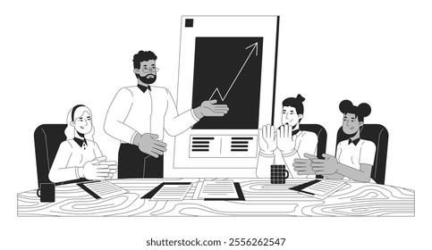 Team members clapping company revenue growth black and white 2D line characters. Celebrating startup achievement. Diverse colleagues isolated vector outline people. Monochromatic spot illustration