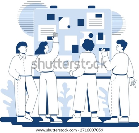 Team members collaborate around a large board filled with sticky notes during a planning session