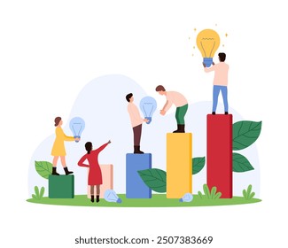 Team members collaboratively working on ideas and innovations, represented by light bulbs and growth bars. Each person contributes to different stages of development vector illustration.