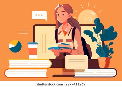 Team members are communicating, with books and plants in the background, vector illustration