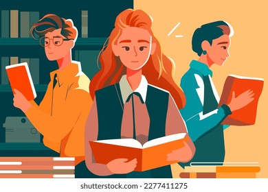 Team members are communicating, with books and plants in the background, vector illustration