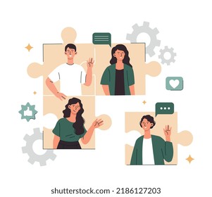 Team members concept. Men and girls communicate in social media, video call and conference. Colleagues and partnerships, coworking and brainstorming, creative persons. Cartoon flat vector illustration