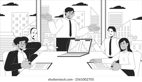 Team members conducting competitors analysis black and white line illustration. Colleagues evaluating sale metrics 2D characters monochrome background. Competitive market research outline vector image