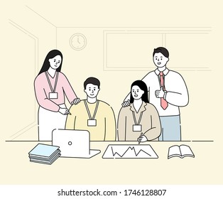 Teammitglieder in der Konferenz am Illustrationsset des Unternehmens. Uhr, Büro, Laptop, Arbeit. Zeichnung des Vektors. Handgezeichneter Stil.