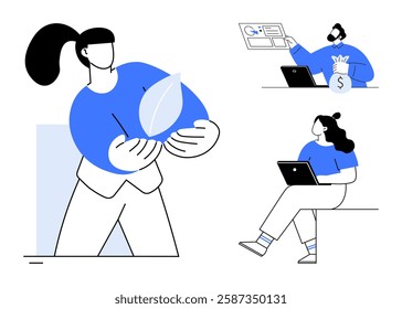 Team members engage in activities like environmental conservation, financial analysis, and remote work. Ideal for teamwork, environmental awareness, financial planning, remote collaboration