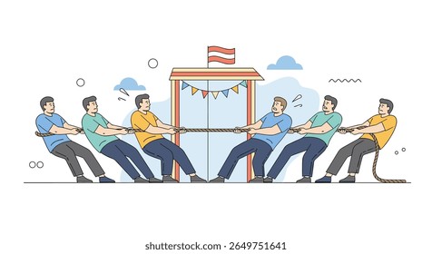 Team members engage in a competitive tug of war competition during a summer festival celebration showcasing their strength and unity in a fun outdoor activity