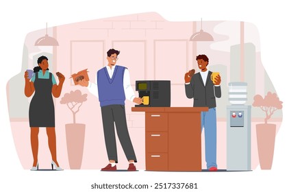 Team Members Gather Around Office Coffee Station Sharing Drinks And Snacks During Break Relaxed Atmosphere. Vector Scene Reflects Casual And Friendly Social Interaction In Relaxed, Modern Environment