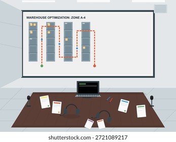 Teammitglieder werden an einem Tisch versammelt, um Strategien zur Optimierung des Lagers zu diskutieren. Ein Whiteboard zeigt einen Plan mit Bereichen an, die für den Fokus markiert sind, und die Ausrüstung ist für das Meeting eingerichtet.