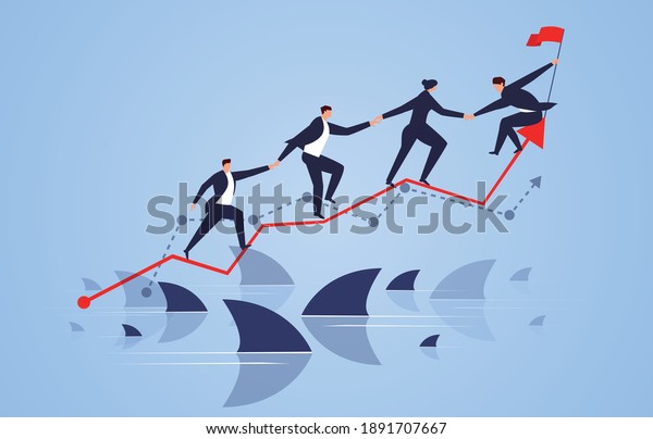 Team members help each other to overcome the risk\
and cross the shark zone