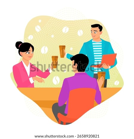 Team members interacting over coffee in the morning fosters collaboration and a friendly workplace atmosphere within the office. Morning coffee concept.