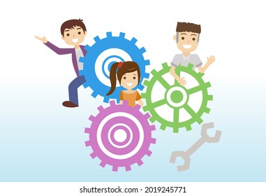 Team members modify the settings together to continuously develop themselves and the team, vector illustration