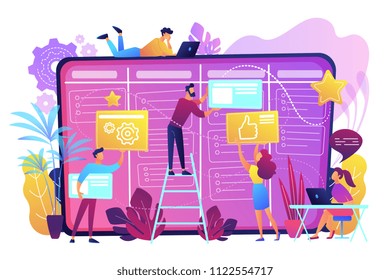 Team Members Moving Cards On Large Kanban Board. Teamwork, Communication, Interaction, Business Process, Agile Project Management Concept, Violet Palette. Vector Illustration On White Background.