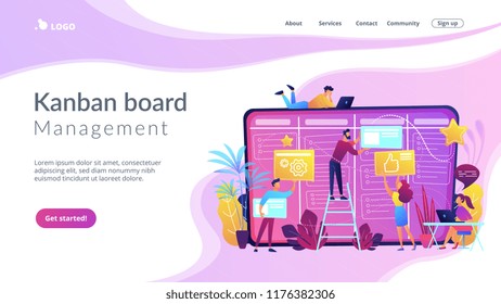 Team members moving cards on large kanban board. Teamwork, communication, interaction, business process, agile project management concept, violet palette. Website landing web page template.