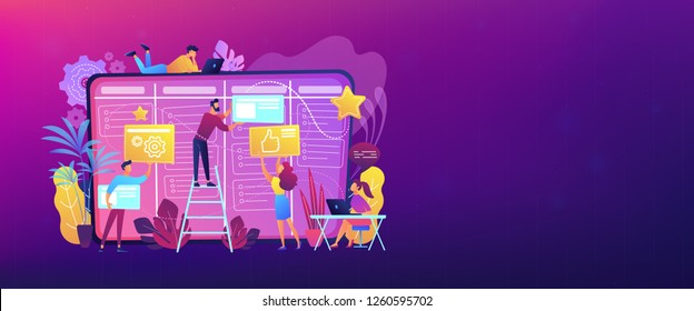 Team members moving cards on large kanban board. Teamwork, communication, interaction, business process, agile project management concept, violet palette. Header or footer banner template.