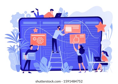 Team members moving cards on large kanban board. Teamwork, communication, interaction, business process, agile project management concept, pinkish coral blue palette. Vector illustration on white