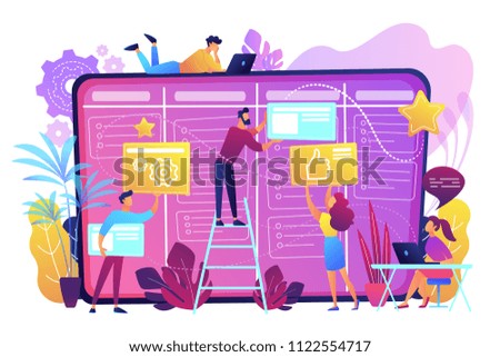 Team members moving cards on large kanban board. Teamwork, communication, interaction, business process, agile project management concept, violet palette. Vector illustration on white background.