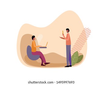 Team members in Open space Office, Landing Page Template. Corporate Business Team People Working by Laptops at Desk. Coworking Space with Man for Website or Web Page. Flat Cartoon Vector Illustration