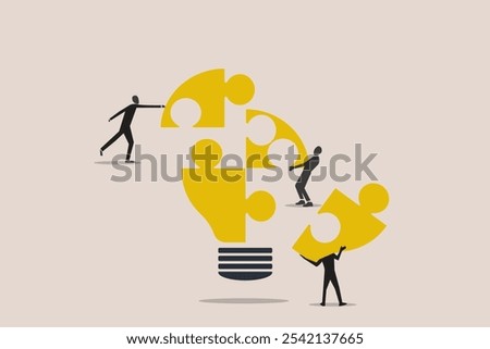 Team members partner connect lightbulb jigsaw puzzle together. concepet of Teamwork or partnership for business success, innovation or creativity to solve problem, brainstorm or connect idea