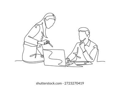 Team members planning work on a laptop. Team work concept. Single line draw design. Vector graphic illustration