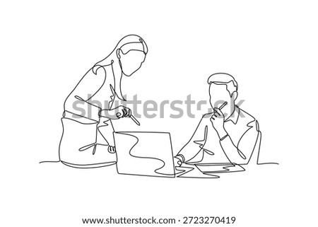 Team members planning work on a laptop. Team work concept. Single line draw design. Vector graphic illustration