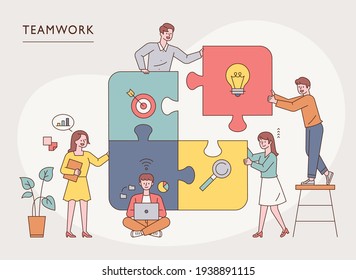 Team members are putting together a big puzzle. flat design style minimal vector illustration.