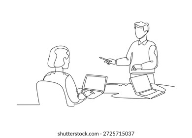 Teammitglieder teilen Ideen in der Tabelle. Mitarbeiter, die an Concept arbeiten. Einzeiliges Zeichnungsdesign. Vektorgrafik