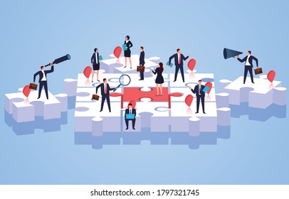 Team members standing on puzzles, teamwork and puzzles
