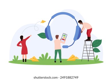 Team members working on customer support tasks. One uses a mobile device, another adjusts a giant headset, while a third directs paper airplanes representing messages vector illustration.