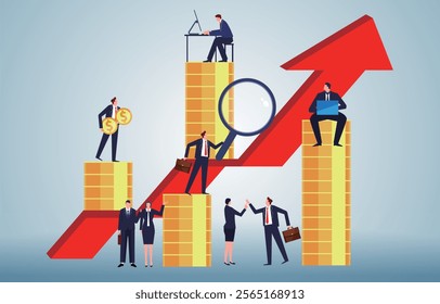 team members working on growing arrow charts and gold coin piles