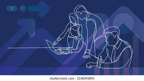 miembros del equipo que trabajan en un proyecto de trabajo en espacio de oficinas - dibujo de una sola línea
