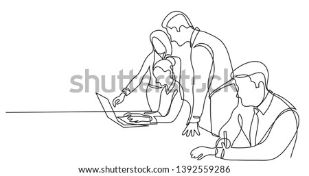team members working on work project in office space - single line drawing