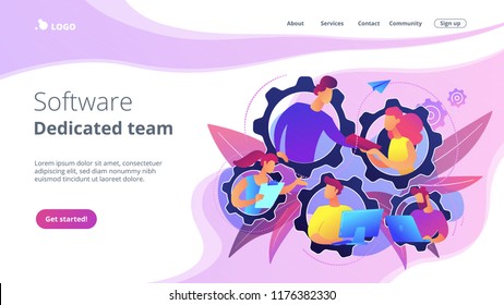 IT team members working as one mechanizm. Dedicated team - software development professionals engaged to the IT project. Business model in IT concept. Violet palette. Website landing web page template