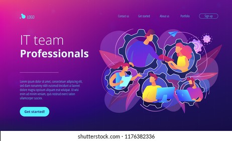 IT team members working as one mechanizm. Dedicated team - software development professionals engaged to the IT project. Business model in IT concept. Violet palette. Website landing web page template